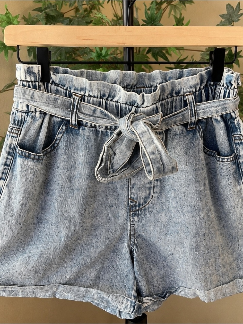 Light Wash Denim Paperbag Shorts with Tie Belt